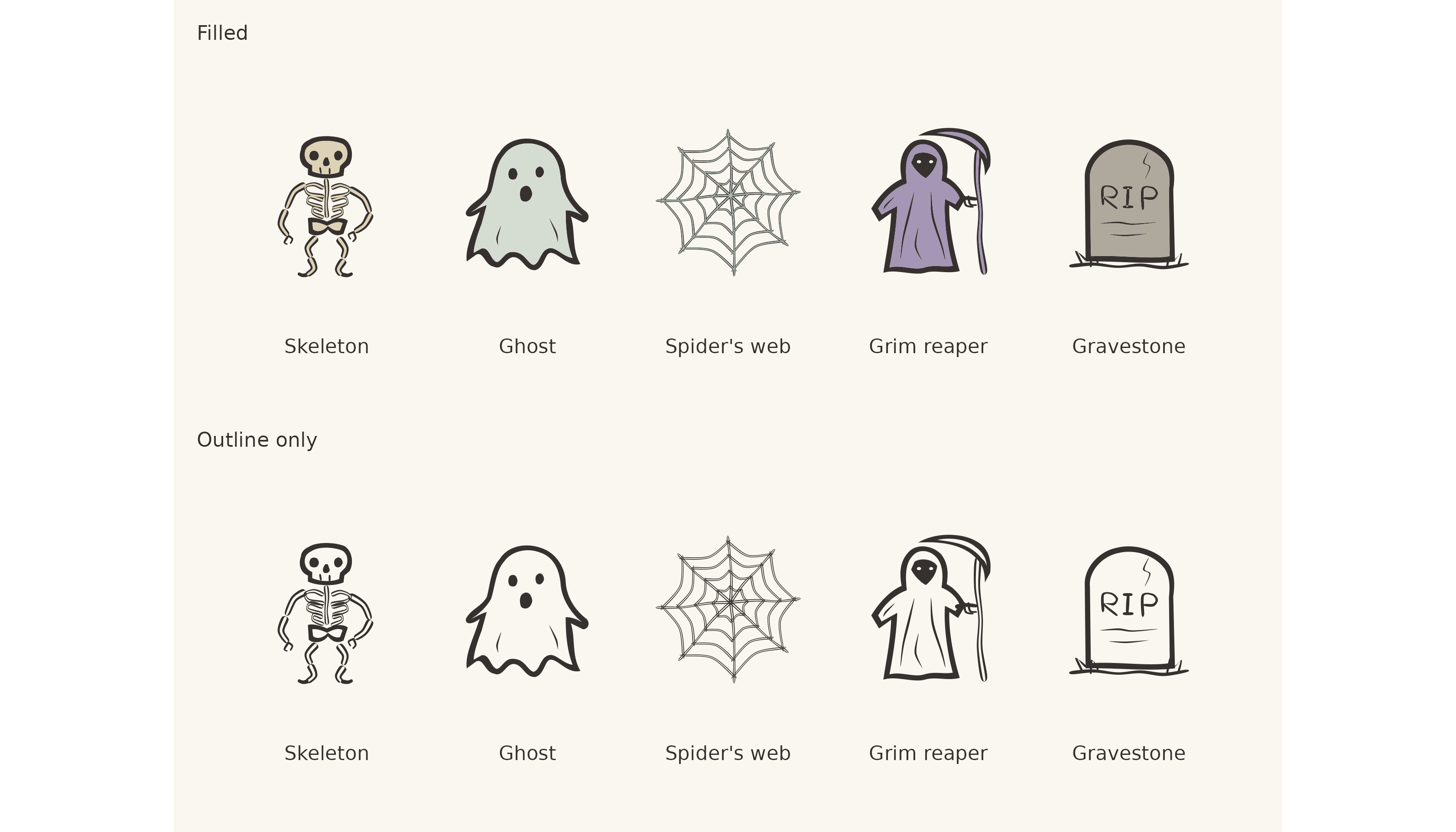 The five Halloween shapes with filled interiors and with fill = NA.